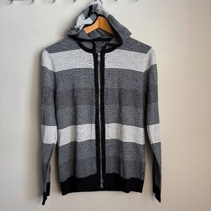 Armani Exchange Men's 100% Merino Wool Striped Hooded Full Zip Up Sweater Gray S